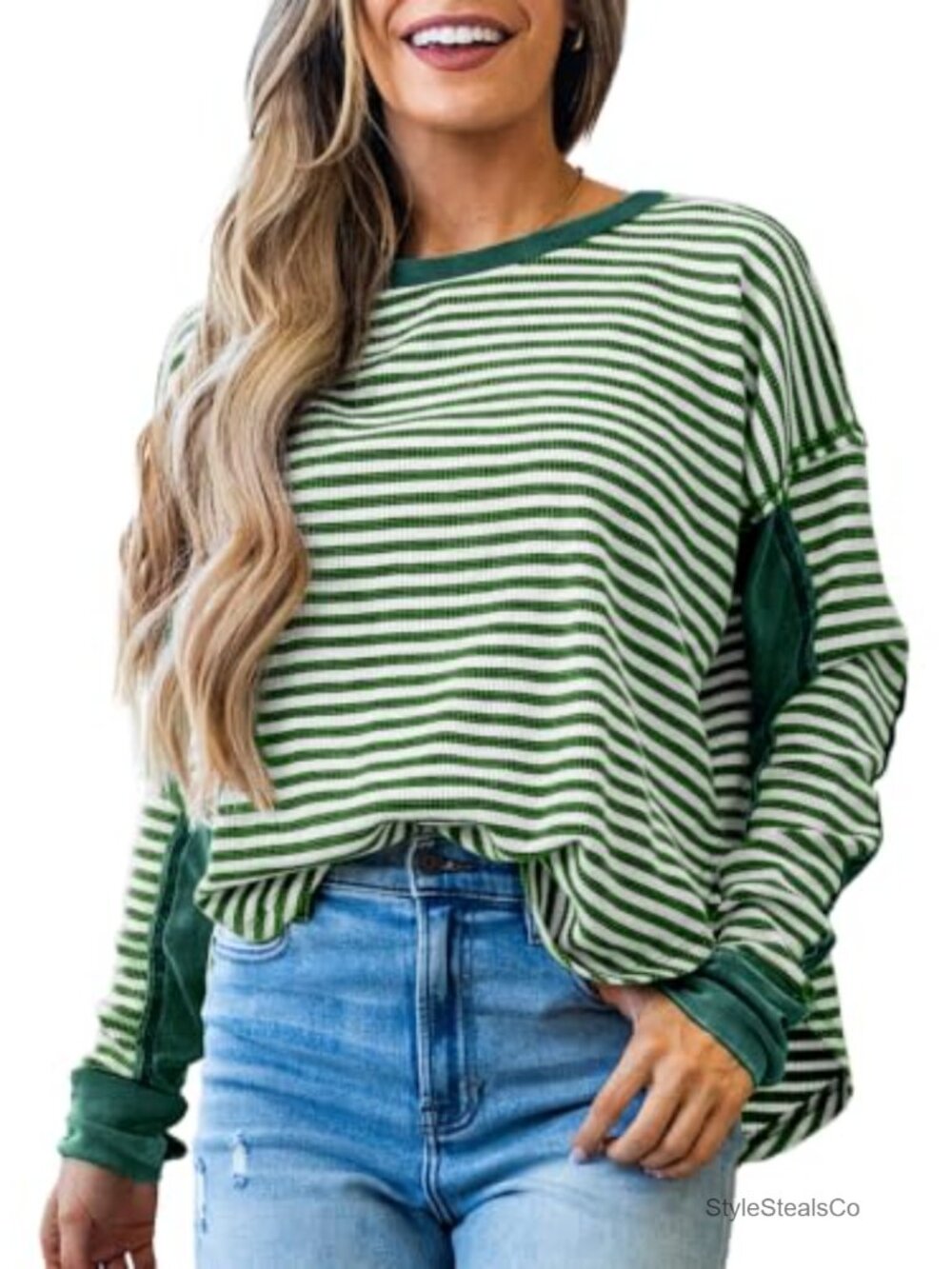Waffle Knit Striped Thumbhole Oversized Crewneck Sweatshirt Long Sleeve Fall